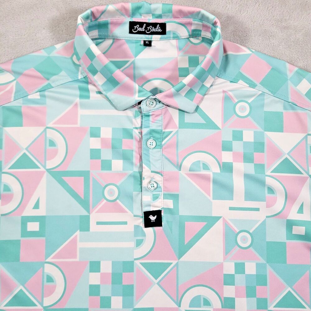 Bad Birdie Knockdown Golf Polo Shirt Mens XL Pastel Pink Mint Geometric Stretch